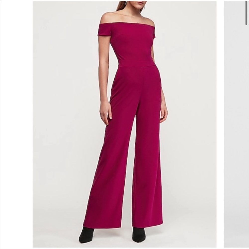 NWT Express Vibrant Fuchsia Magenta Off the Shoulder Wide Leg Jumpsuit